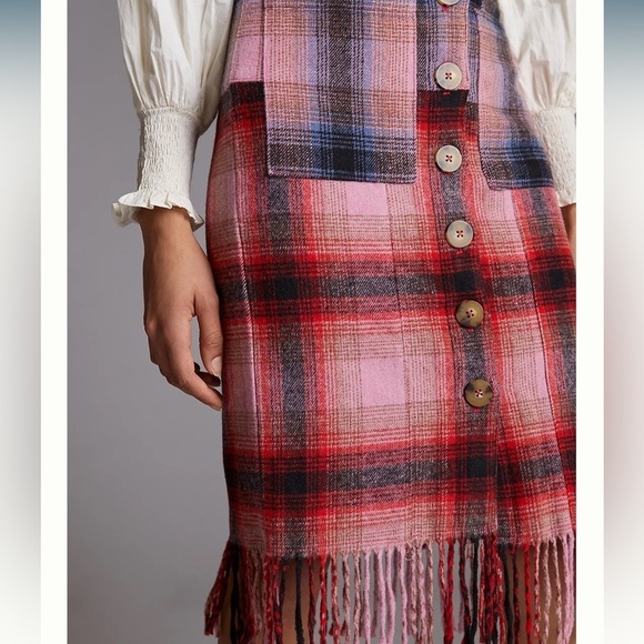 - NWT Anthropologie Maeve Red Pink Blue Plaid Fringed Skirt - Picture 3 of 13